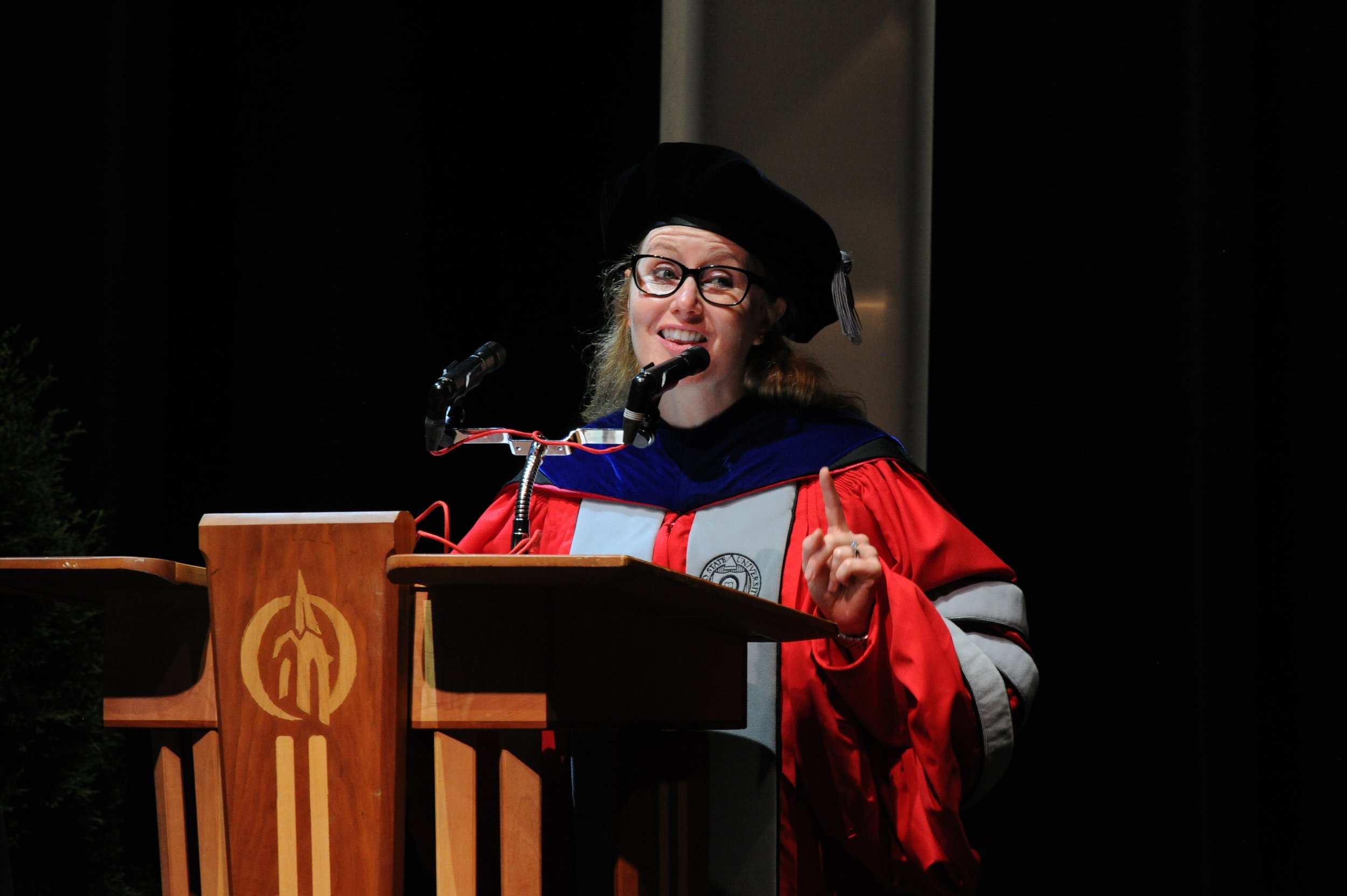 Kristy McCray PhD Otterbein Convocation Podium